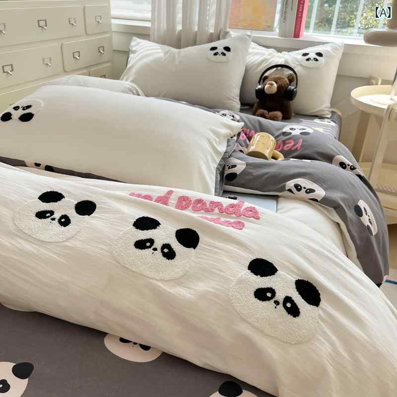 イン ガーリースタイル かわいい パンダ タオル 刺繍 ウォッシュ コットン ベッド 4点 セット 1 . 8 アパート ベッド シーツ キルトカバー 3点 セット