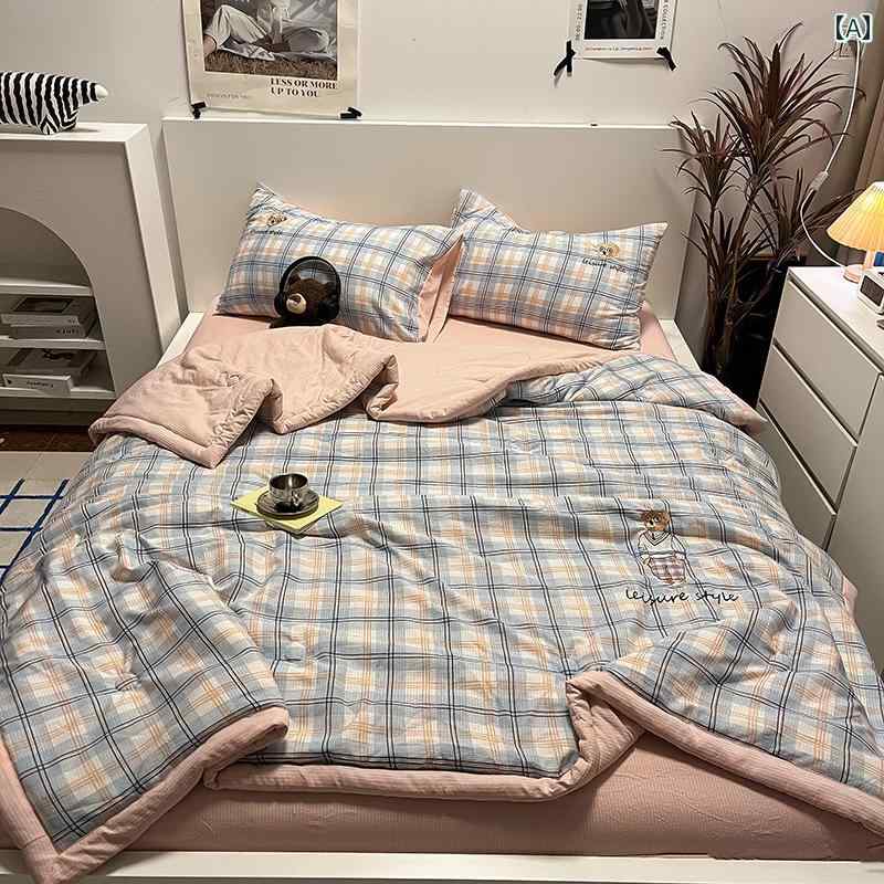 イン シンプル スカイブルー チェック 柄 先 染め 刺繍 ウォッシュド コットン サマー クール キルト 4点 セット 夏用 エアコン キルト マンション用 サマー キルト