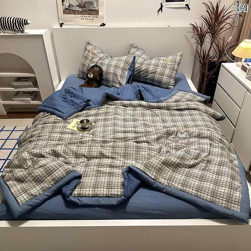 シンプル 和風 灰 チェック 柄 先 染め 刺繍 ウォッシュド コットン サマー クール キルト 4枚 セット 夏用 空調 キルト アパート サマー キルト