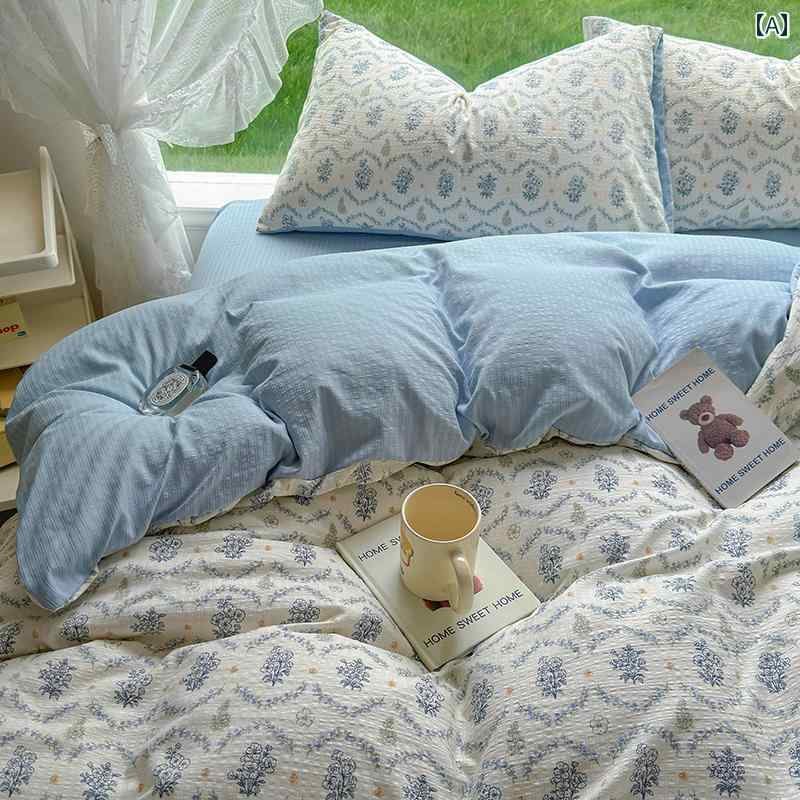 韓国 風 インス小さな フレッシュ ブルーの 花柄 ベッド 4点 セット バブル ウォッシュ コットン シーツと キルトカバー 3点 セット 1 . 8