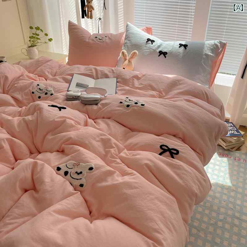 ガーリー ハート イン ピンク リボン ダルメシアン タオル 刺繍入り ウォッシュ コットン 4点 セット 1 . 8 ベッド シーツ 掛け布団 カバー 3点 セット