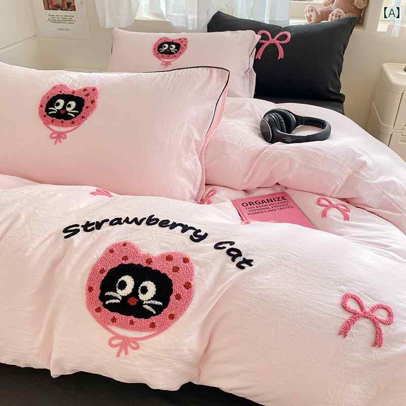 韓国 イン ガール 妖精 パウダー大きな 目の 猫 タオル 刺繍 洗浄 綿 4 点 セット 1 . 8 ベッド シーツ キルトカバー 学生 3 点 セット
