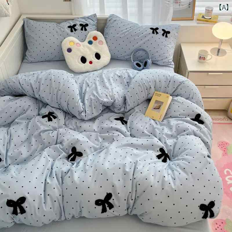 イン シンプル スモーキーグレー ポルカドット リボン タオル 刺繍 キルトカバー 4 ピース ベッド シート 学生 3 ピース ボックス シーツ セット 1 . 8