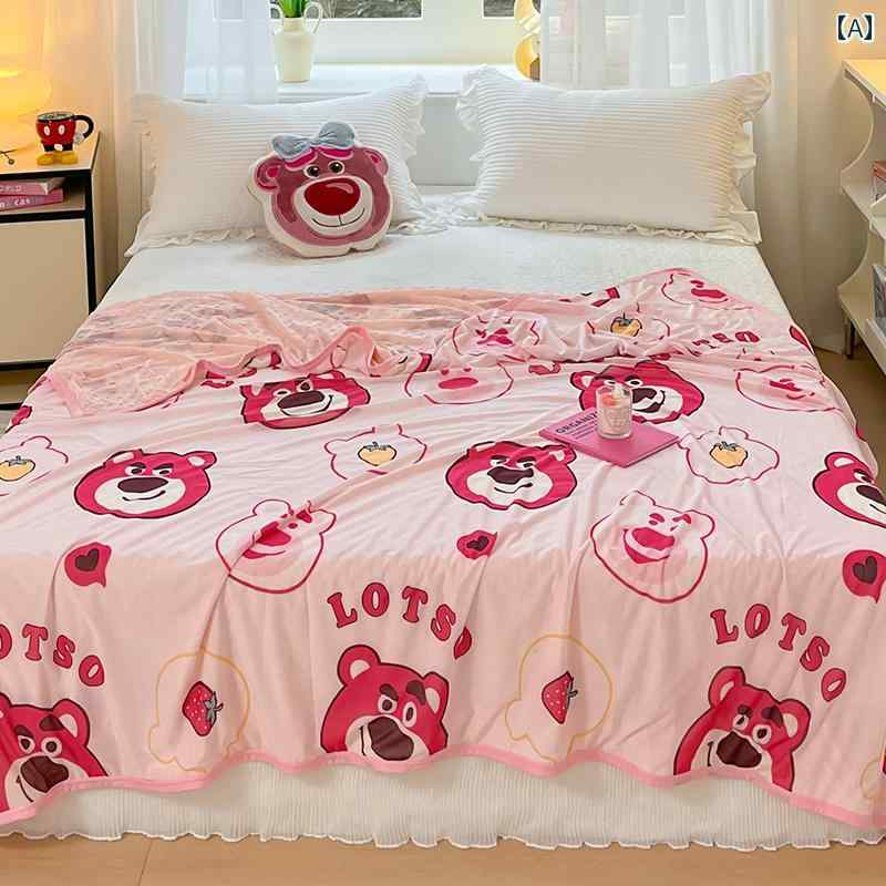 イチゴ クマ クール シルク カバー ブランケット 夏 薄手 ブランケット 幼稚園 昼寝 サマー キルト 夏 空調 薄型 キルト ビーニー ブランケット