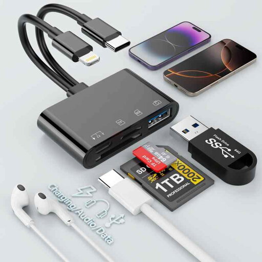 Phone SDカードリーダー Lightning/USB C - USB3.0/Type C/SD/microSD 変換アダプタ Phone SDカードリーダー Lightning/USB C - USB3.0/Type C/SD/microSD 変換アダプタ