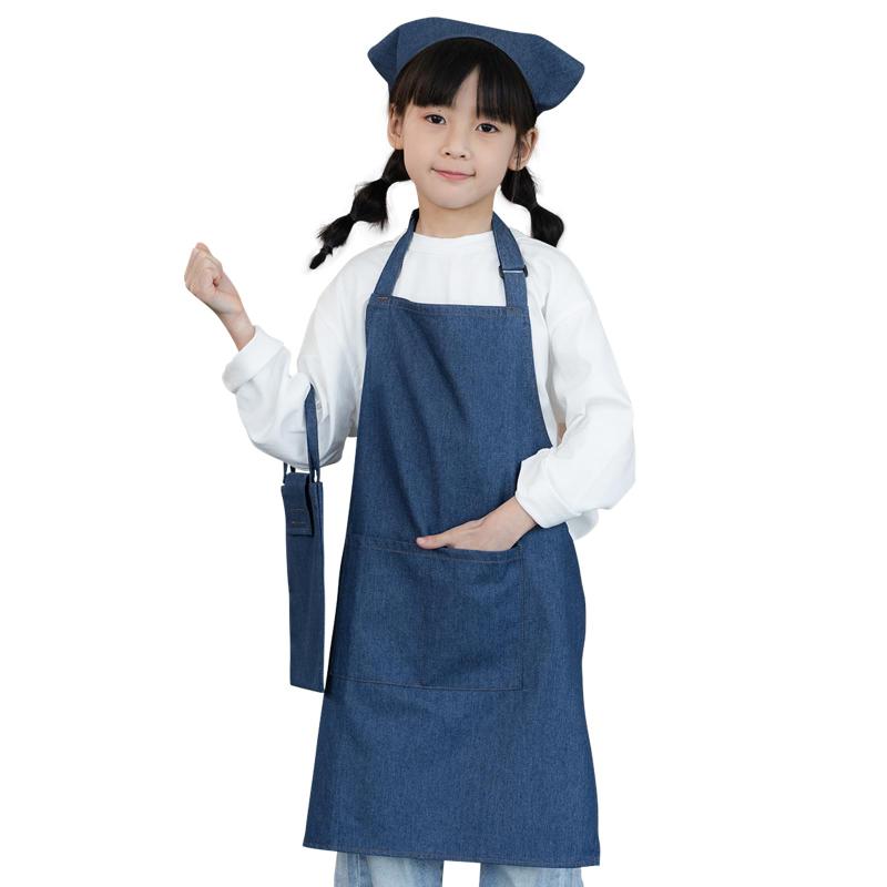 [cozycube] エプロン子供用 キッズ用エプロン 三角巾 巾着バッグセット デニム しわになりにくい 汚れ防止 小学生 シンプル 着脱簡単 収納バッグ付き 男女兼用 ホコリが付きにくい