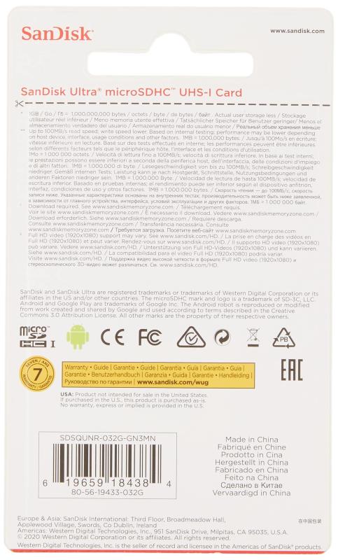 SanDisk Ultra 32GB 100MB/s UHS-I Class 10 MicroSDHC Card SDSQUNR-032G-GN3MN