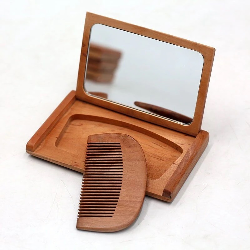 ミラー＆コーム 手鏡 コンパクトミラー ハンドミラー コーム くし 櫛 ブラシ 木製 髪 ヘアアレンジ 身..