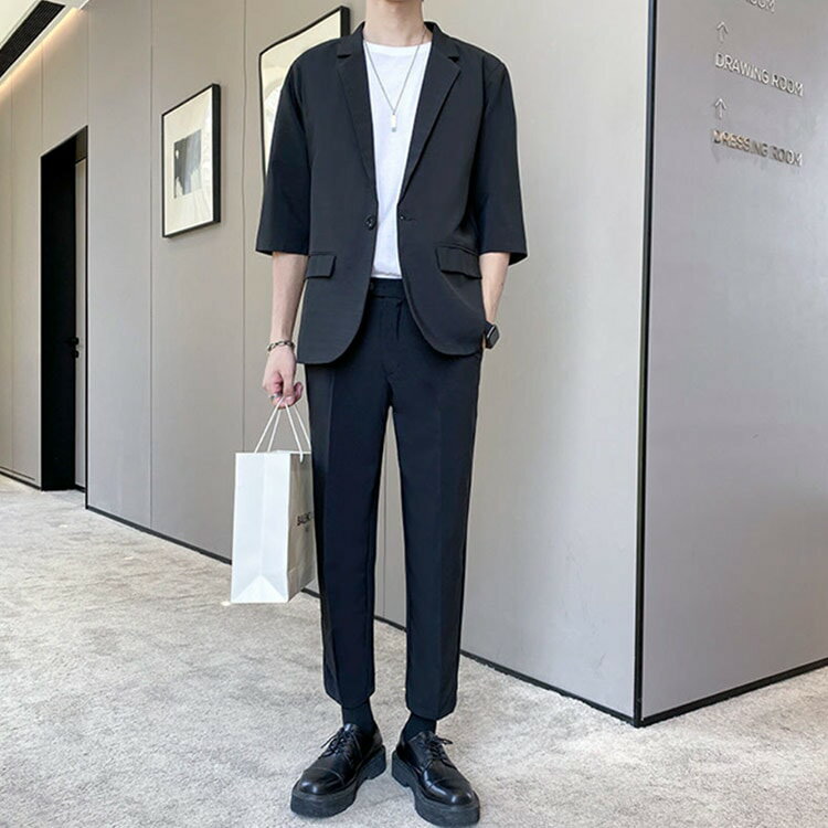 ビジネス薄い夏7分袖パンツ秋メンズ春テーラードジャケットつボタンパンツ上下セットスラックス大きいサイズテレワーク軽いカジュアル黒スーツクールビズビジカジスラックスグレーセットアップ