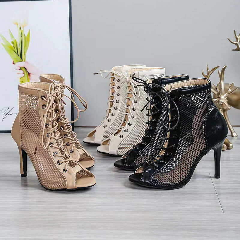 サマーブーツ ブーツサンダル レースアップ メッシュ ハイヒール ピンヒール レディース サマーブーツ 編み上げ サンダル オープントゥ 美脚 ブーツ