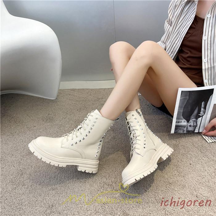 【3日以内出荷】ブーツ レディース トレンド ミドル 厚底 袴ブーツ 黒 レースアップ ショートブーツ 編..