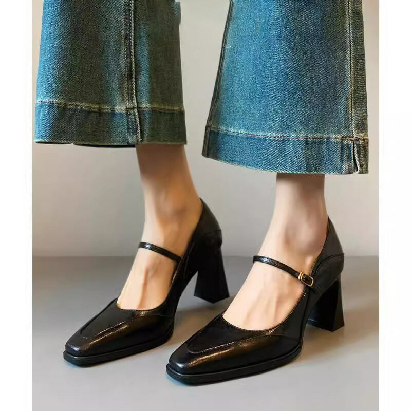 新しいレトロなパンプス女性フレンチハイヒールメアリージェン靴小さな角の太ヒールのファッション靴