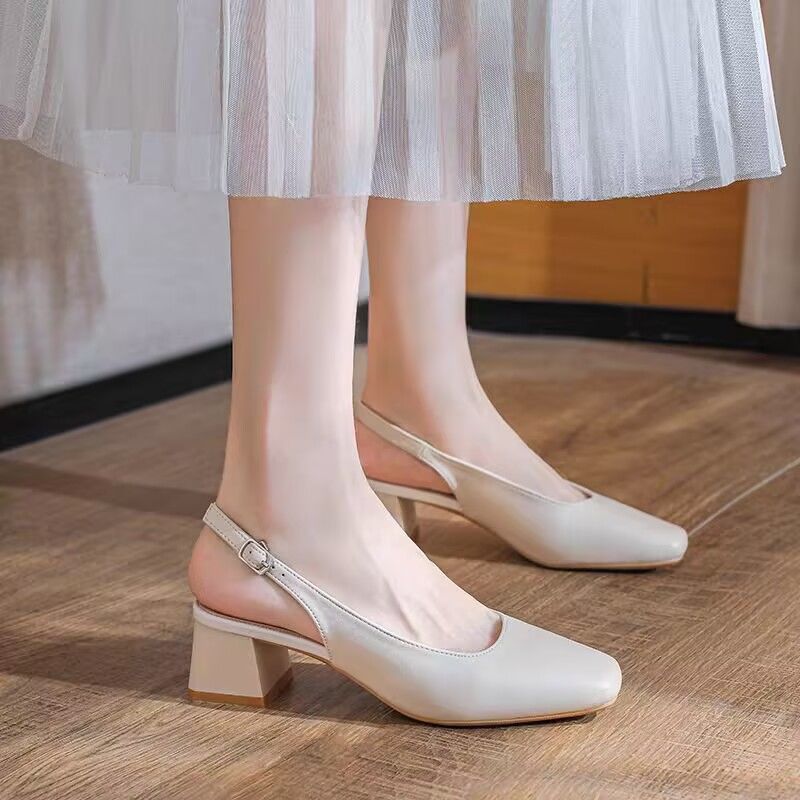 夏の新一文字太ヒールとスカートを合わせた優しい仙女風バックプレーンシューズ