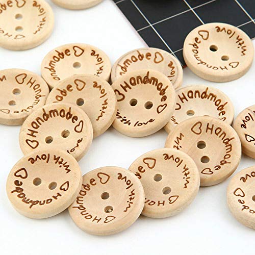 ボタン 木製 服 ウッドボタン ラブ ハート 英語文字 服のボタン 丸型 100pcs 25mm 木製ボタン 2穴 飾り..