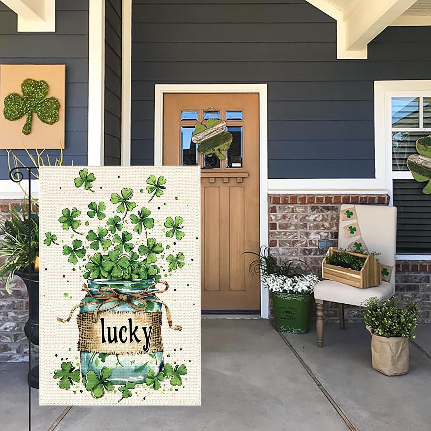 聖パトリックデー ガーデンフラッグ 屋外用、アイリッシュグリーンハット ラッキーシャムロック 庭の装..