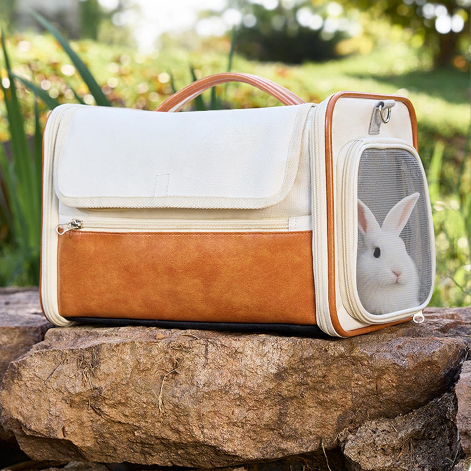 レボショップの猫キャリア - レザーポータブルペットキャリアバッグ|ペット用の防水メッシュファブリックバッグ、通気性メッシュ輸送犬旅行ケース子犬小動物子猫フェレットウサギ｜アングル2