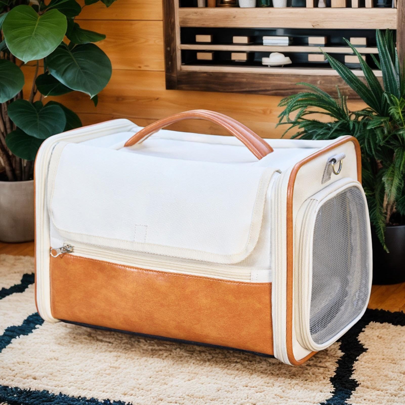 レボショップの猫キャリア - レザーポータブルペットキャリアバッグ|ペット用の防水メッシュファブリックバッグ、通気性メッシュ輸送犬旅行ケース子犬小動物子猫フェレットウサギ｜アングル3