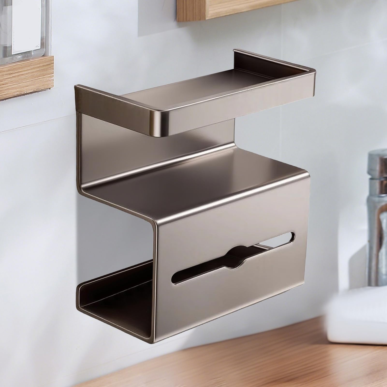 トイレットペーパーシェルフ - 無穴加工 据置型 トイレットペーパースタンド シェルフ付き | モダン ディスペンサー エクステンダースタンド ゲストバス 家庭用