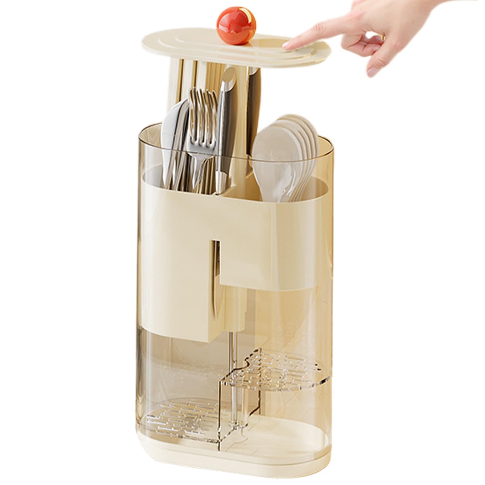 カトラリーホルダー フラットウェアキャディー 仕切り付き多機能オーガナイザー ドレントレイ付 収納バスケット 厨房用 高弾性樹脂製 薄型 compact design 清掃簡単 排水溝構造 透明ボディ