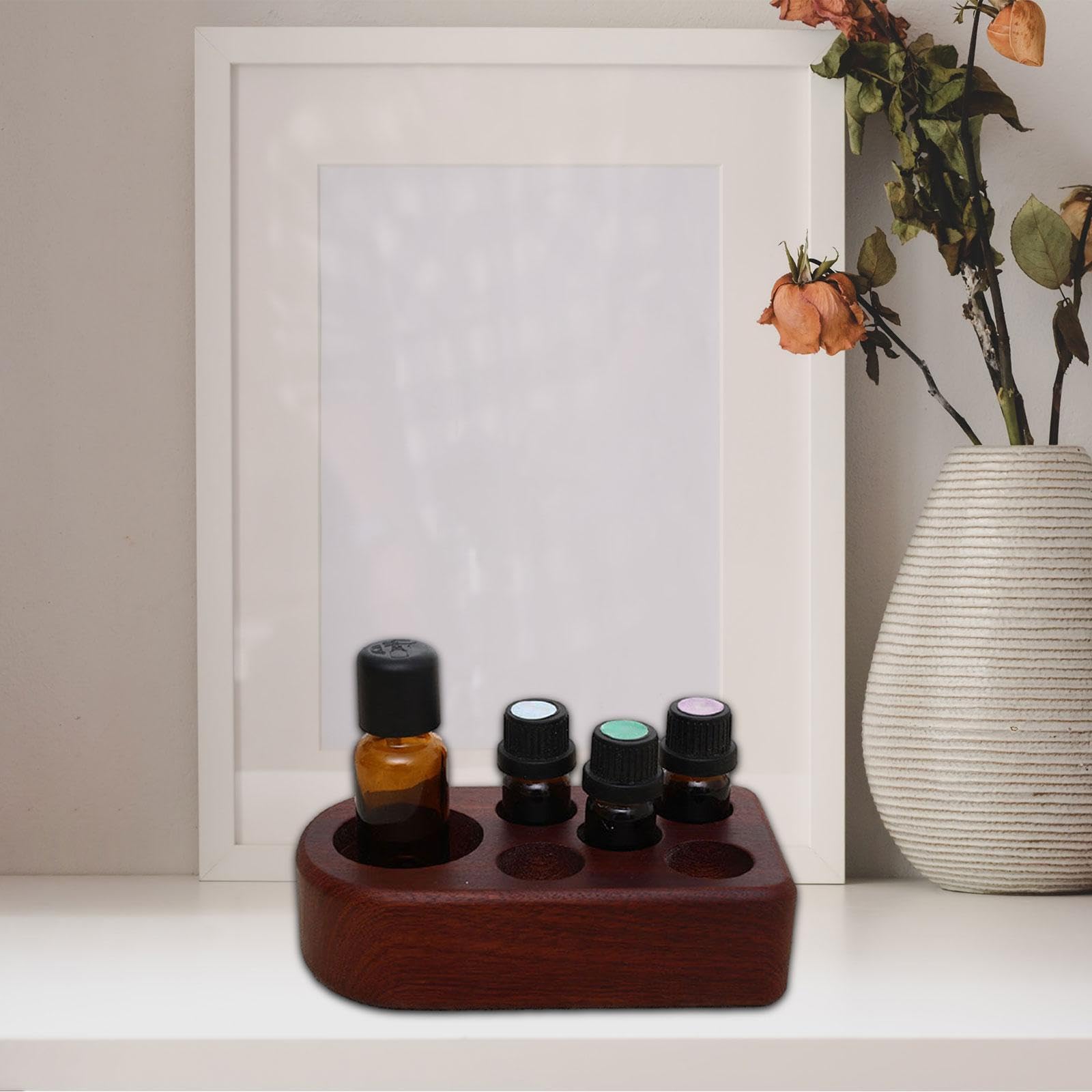 アロマオイル用木製トレイ 6スロット 円形 ブラウン 直径4.5cm 高さ2.6cm 化粧品収納 デスクオーガナイ..