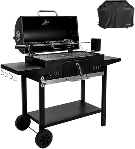 バーベキューグリル大型木炭グリル、ポータブルグリル折り大型キャンプバーベキューグリルキャンプファイヤーラック 〜 人用屋外用グリルツール蓋付きモバイル調理エリアデジタル自動温度制御 (ブラック,ダブルフードテーブル + 電気チキンラック + ベ)