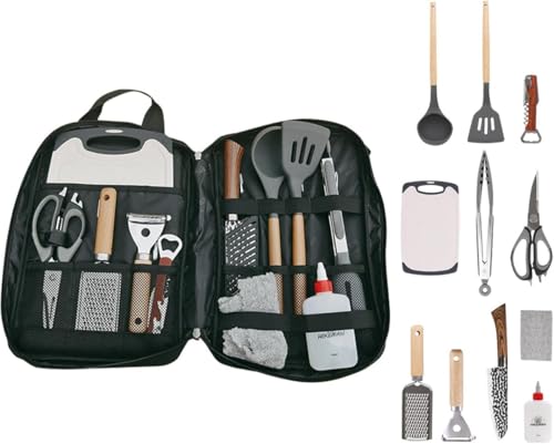 キャンプ用品セット | 個 ポータブル キャンプ 調理器具 調理器具 オーガナイザー トング はさみ まな板付き,バックパッキング トラベル カトラリー セット...