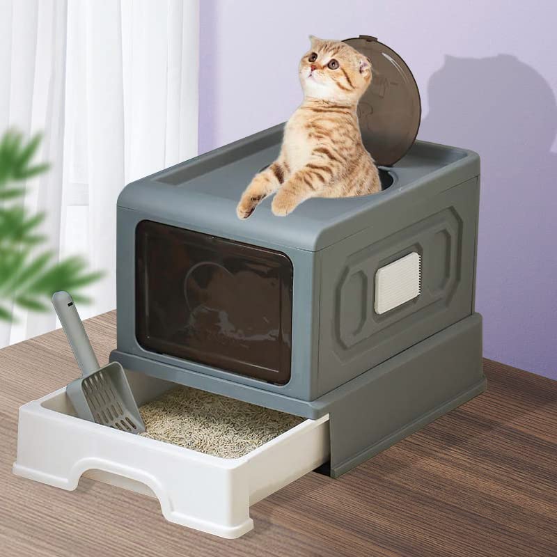 猫 トイレ 大型 ふた付き 密閉式スコップ付き猫トイレ 折りたたみ式 ネコトイレ 猫砂の飛び散り防止 引..