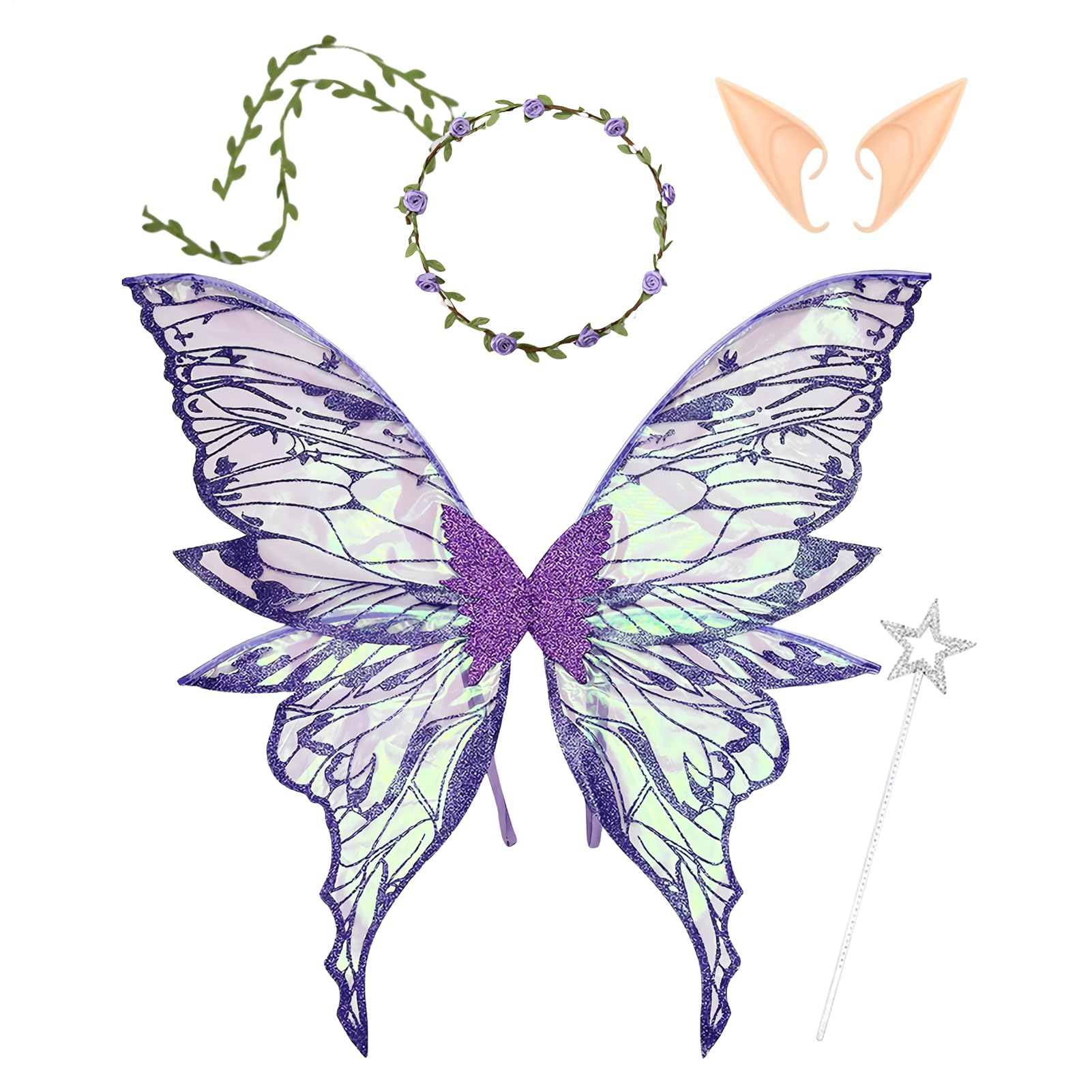 [] 女の子用フェアリーウィングス | 天使の羽衣装セット 花飾りヘッドピースと魔法の杖と耳飾り付き,パ..