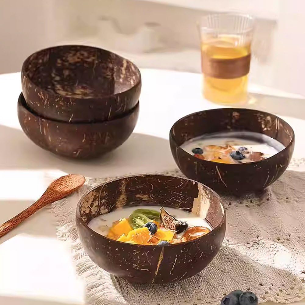 ココナッツボウル ココナッツシェルボウル サービングボウル 木製スプーン 揺れ防止 スタンド付き サラダ用 4個セット