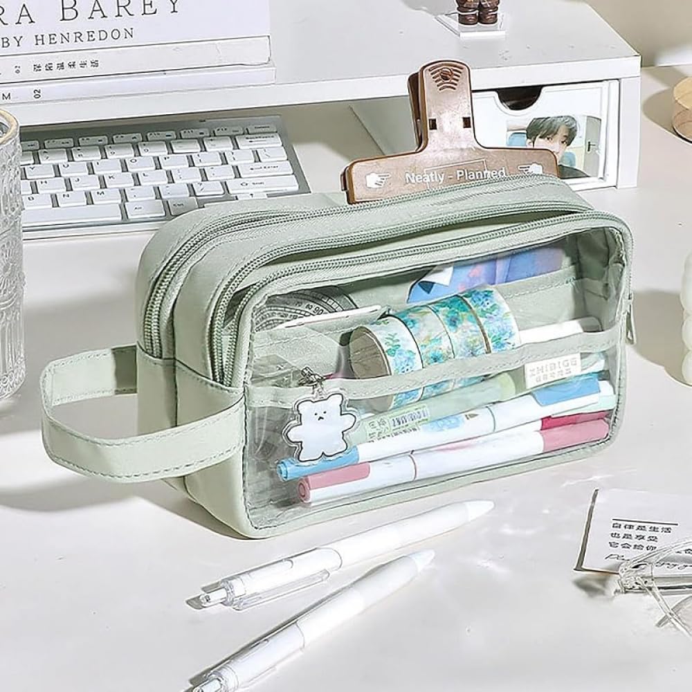 筆箱透明大容量かわいい携帯に便利な文房具シンプルな女の子中学生-グリーン、ベージュ、かわいい