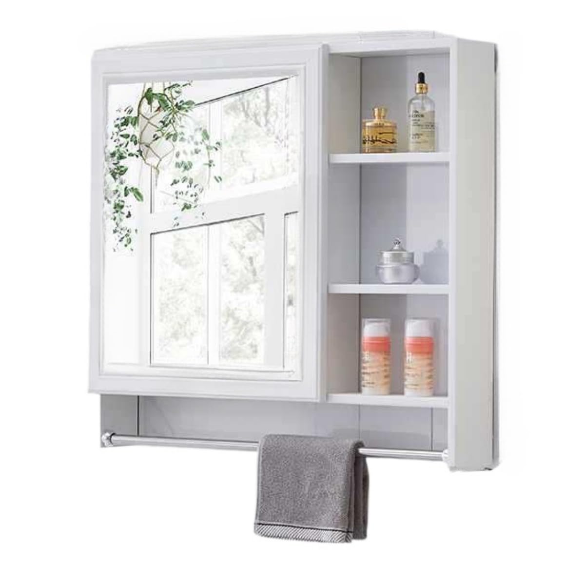 【】 洗面所用 タオルハンガー付き 壁掛け式 洗面化粧台用 ミラーキャビネット 軽量 ブラウン ブルー ..