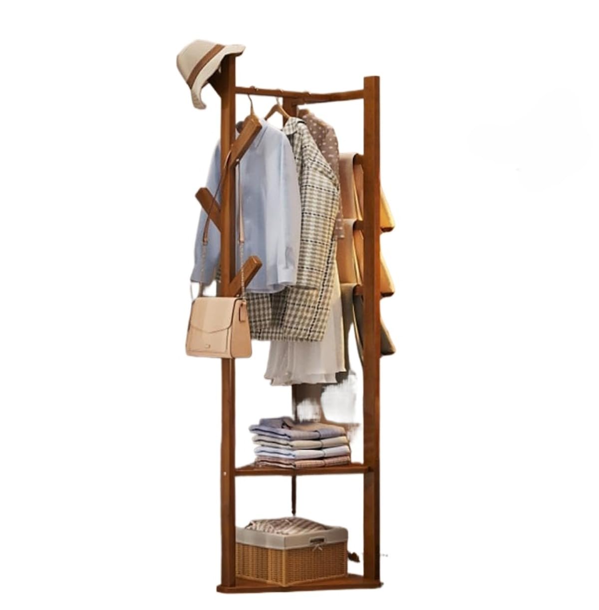 【】木製 スリムポールハンガー ハンガーラック 衣類収納 洋服 洋服掛け 頑丈で耐久 省スペース 棚付き 多目的 組立簡単 コートハンガー ポールスタンド コー...