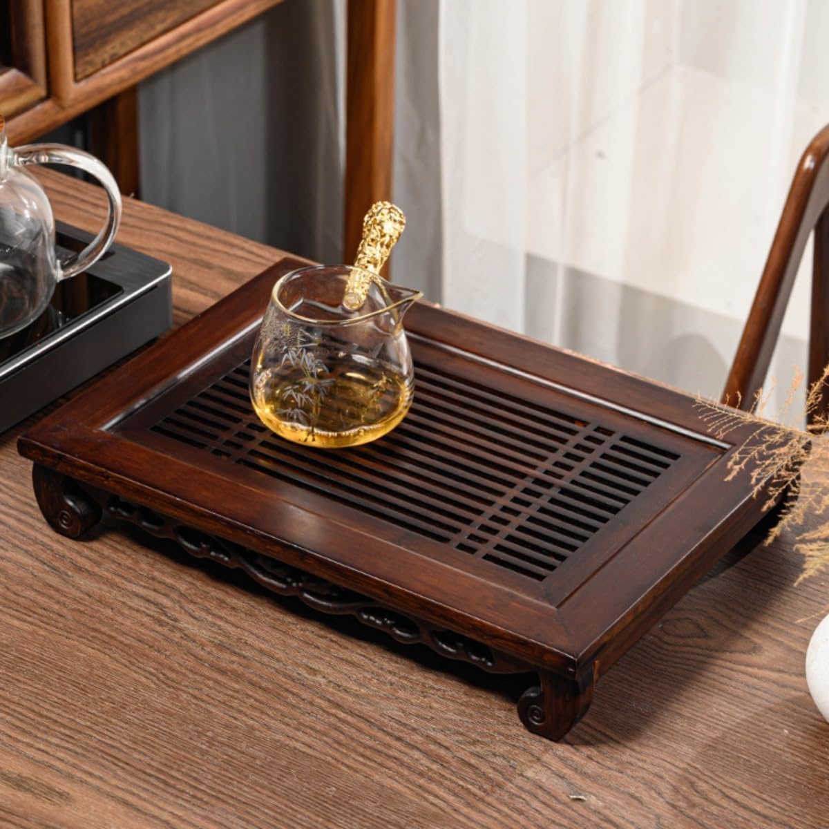 【】竹製 長方形 茶トレイ 茶盆 排水付き 茶道具 オフィス・家庭用携帯トレー 貯水式 茶台 竹の茶皿 茶..