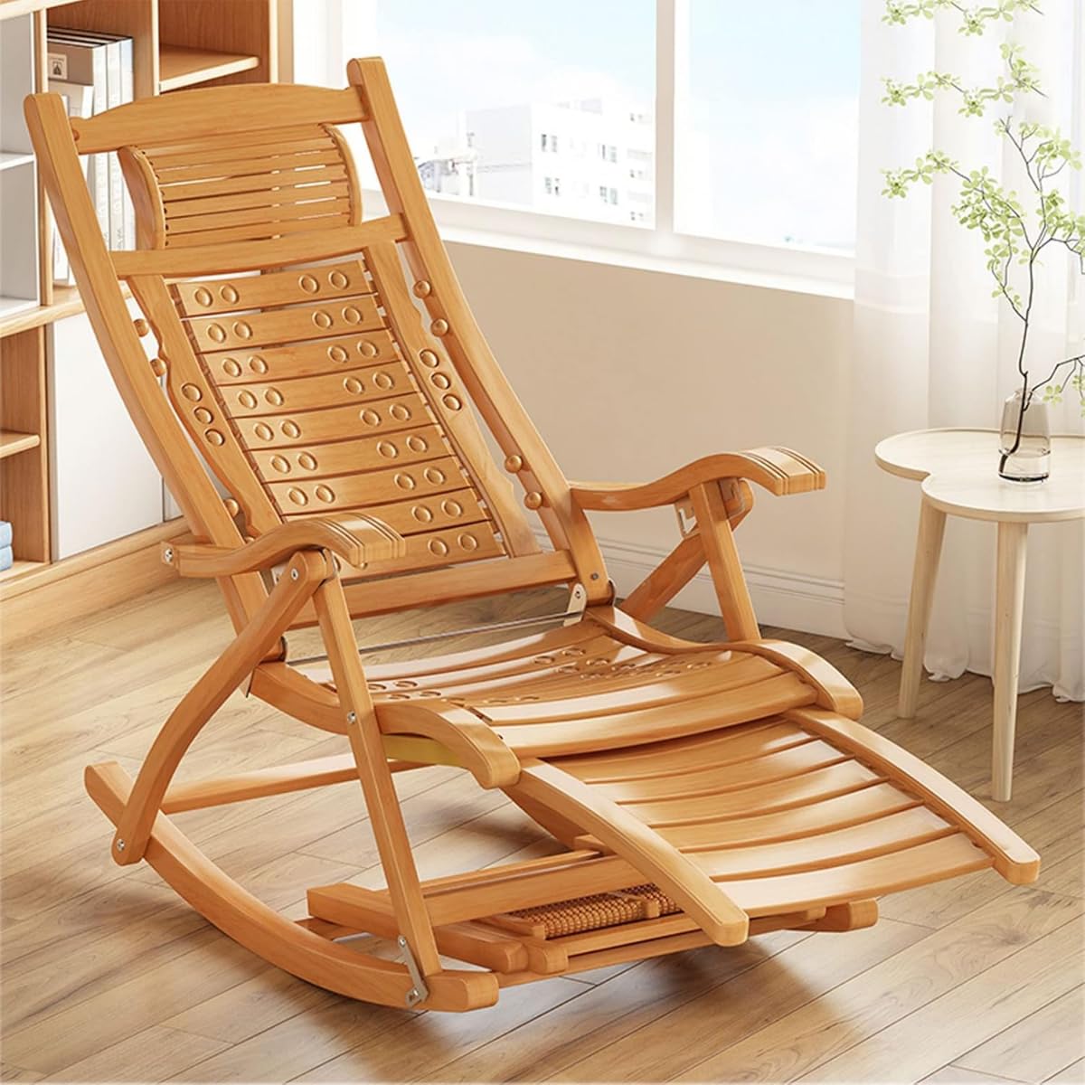 【】折りたたみ式 バンブーリクライニングチェア ガーデンラウンジチェア バルコニー用 調節背もたれ 高齢者向け 木製O11