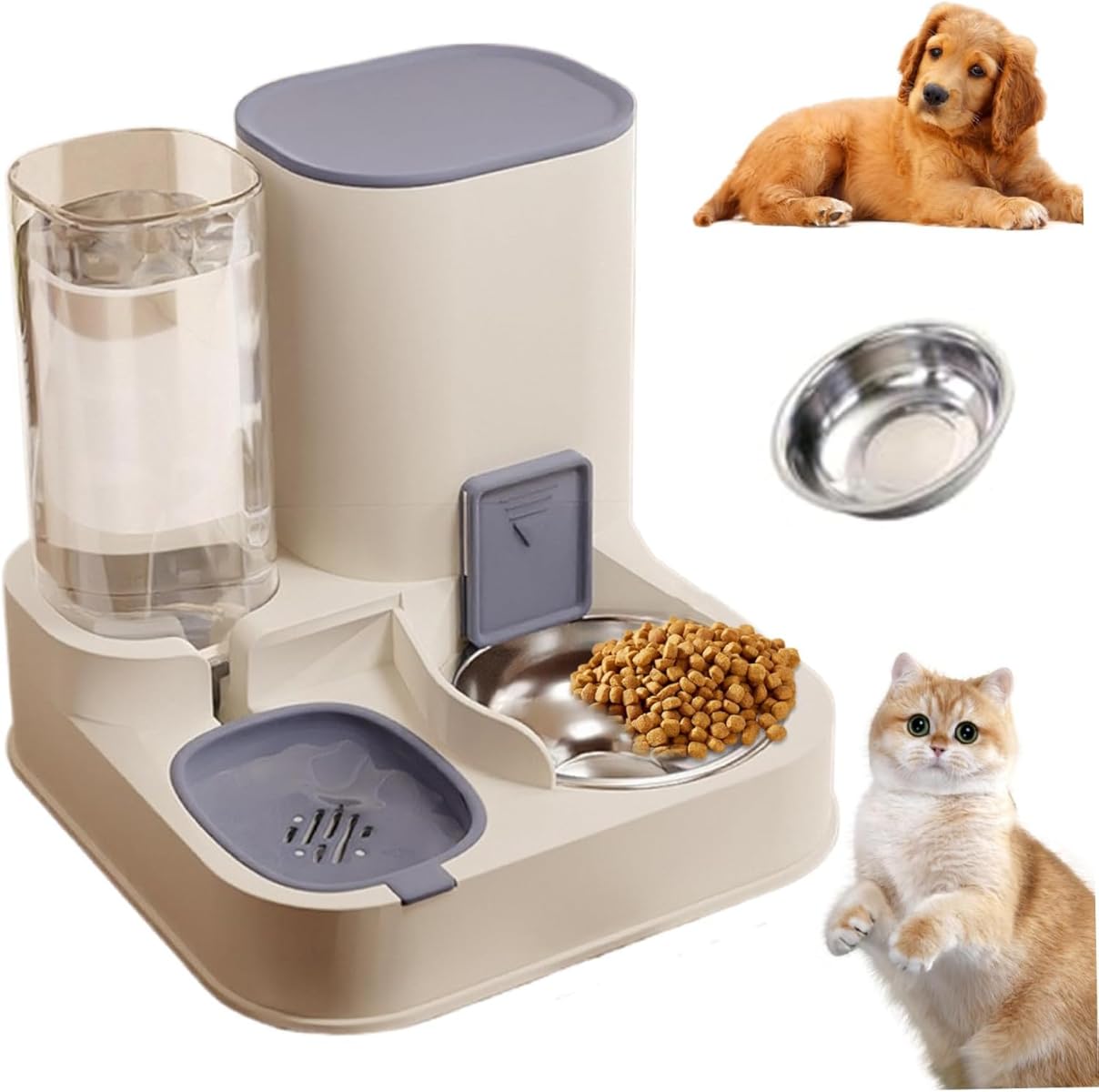 【】デタッチ可能 2in1 自動猫フィーダー ステンレス鋼 大容量 フード &amp; 水ディスペンサー 小犬 猫用 H11