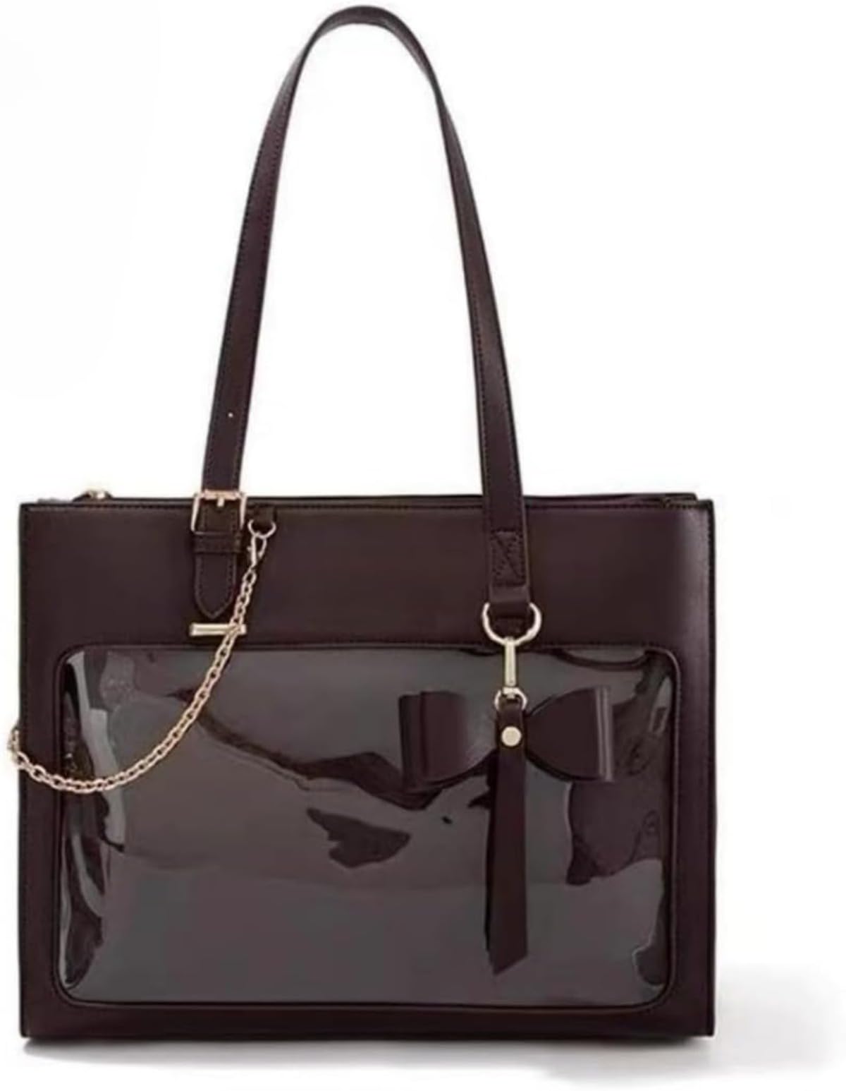 [] レディース 痛バッグ トートバッグ 蝶結び デコバッグ 缶バッチ写真入れ可 2WAY クリアポケット 撥水 pu レザー 推し活応援オタ活 普段使いプレゼント M11