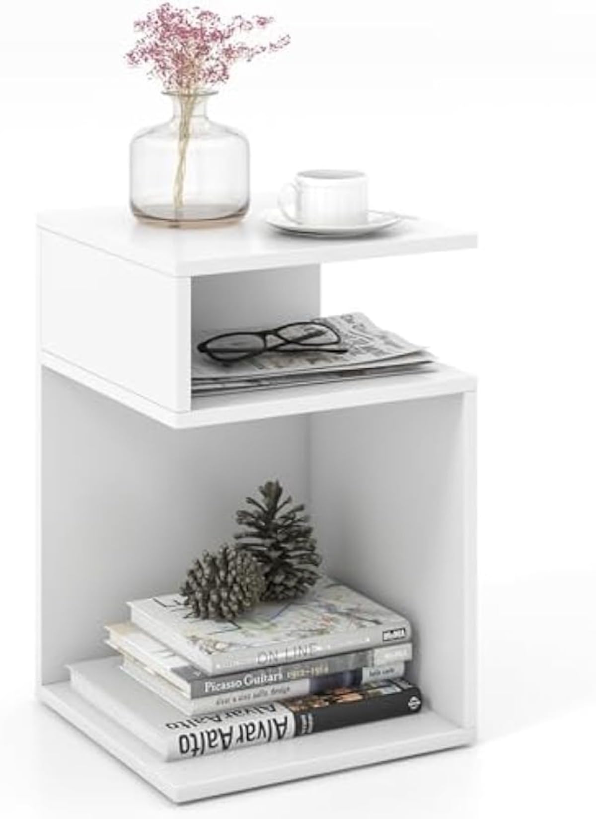 【】 木製 S 字型 3 層 サイドテーブル 2 オープン収納シェルフ アクセント ホワイト ナロー スナック コーヒーテーブル リビングルーム ベッドルーム オフィス M11