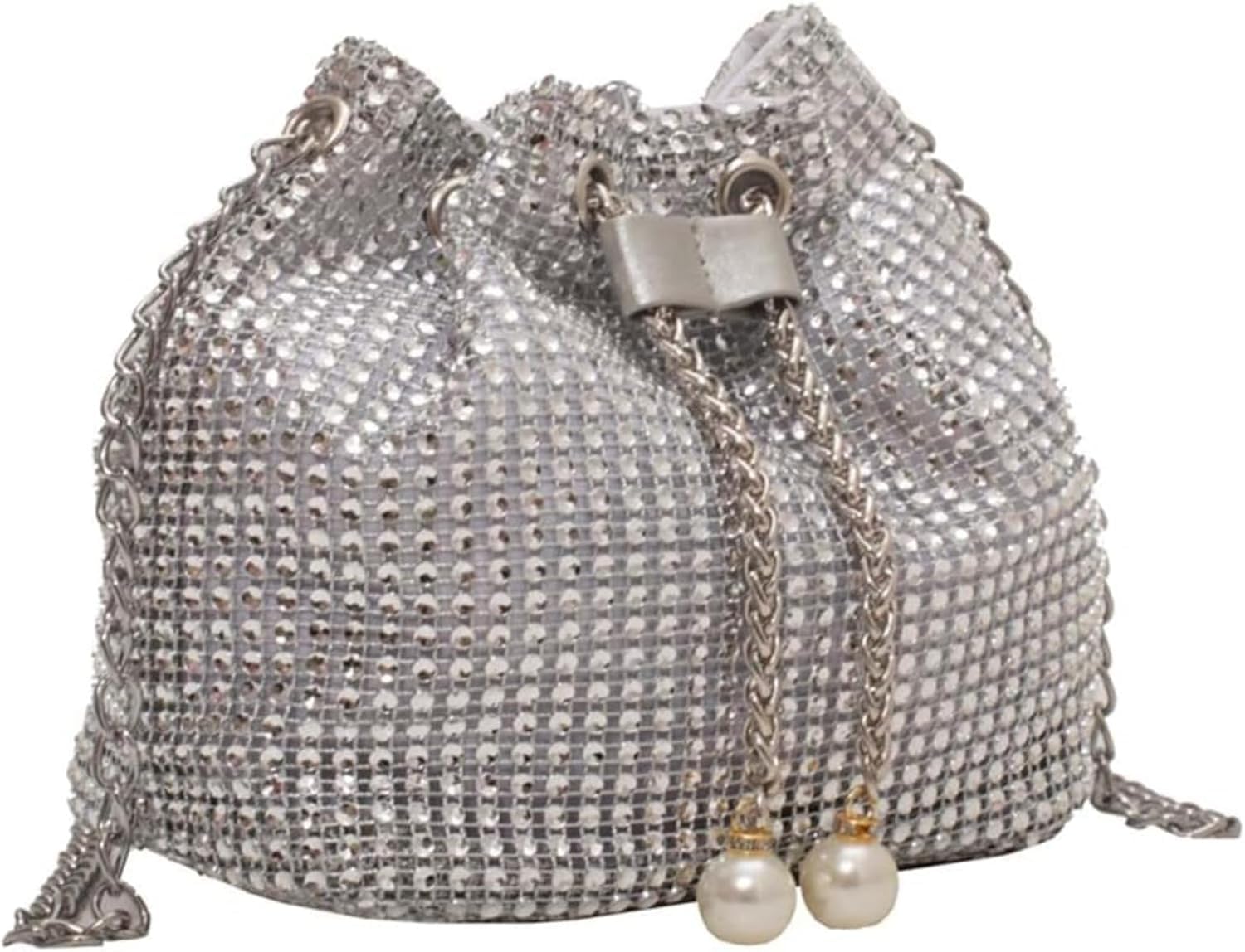 [] 女性のラインストーンバッグ パールチェーン付きシャイニーバケット財布 ラインストーンショルダー..