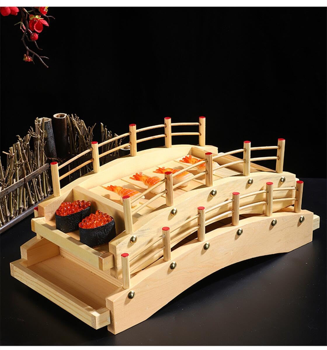 刺身盛り合わせ 寿司橋 木橋 寿司船 アーチ橋 竹木 食器 料理 ドライアイス盛り合わせ ドラゴンボート 寿司皿 木 重ね皿 重ね寿司 刺身 肉 焼き肉 料理 おしゃれな盛り付け 寿司道具 ランチプレート 料理船 和食器 レストラン 業務用舟盛り 器 (S,炭化竹)