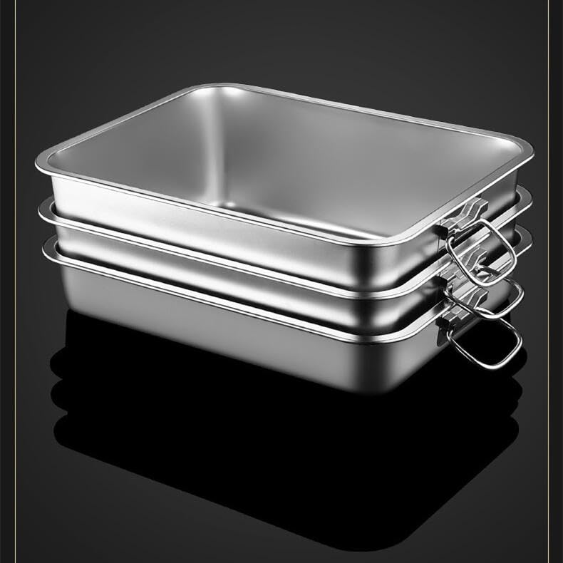 長方形皿蓋付き 取っ手付きステンレス角鉢 回転盆回転鉢ファーストフードおかず鉢 バイキング鉢魚焼き皿フ ライ鉢厚みを増す角鉢蒸飯鉢野菜洗い鉢アスファルト鉢アスファルトバスケット家庭用商用キッチン回転角鉢 (40×30×10CM)