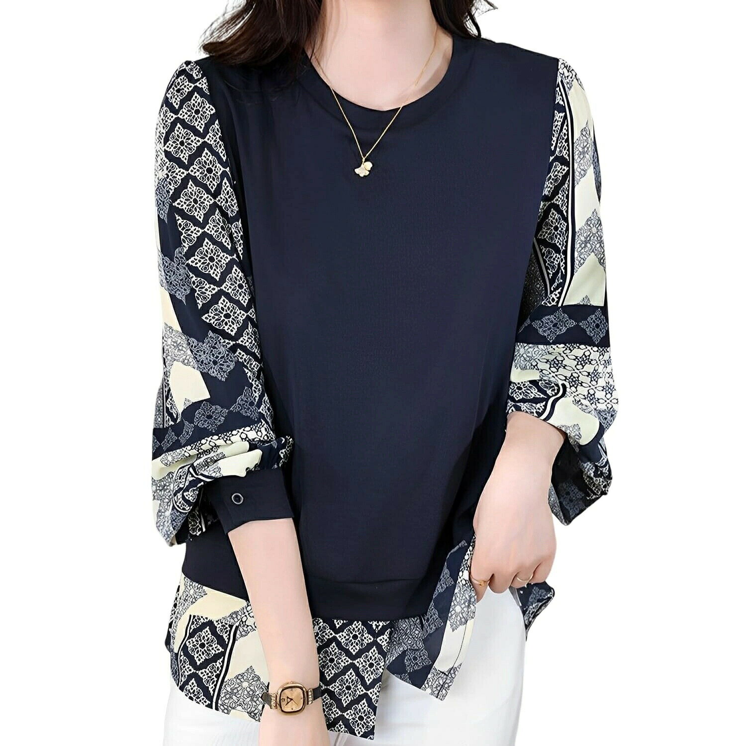 レディース プルオーバー トップス 【異素材レイヤード】 シフォン袖 重ね着風 チュニック 春秋