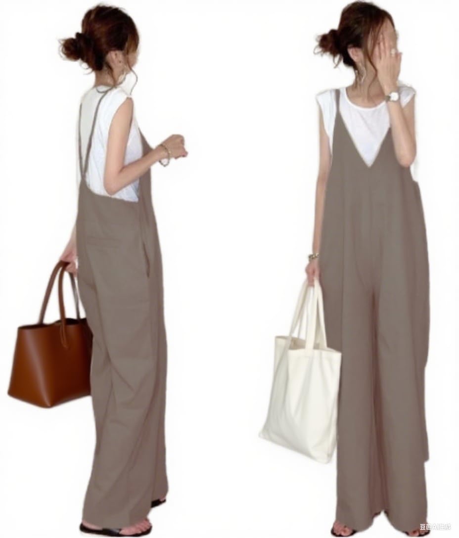 サロペット レディース Vネックオールインワン ズボン サスペンダーズボン ワイドパンツ ゆったり シンプル 無地 春 夏 秋