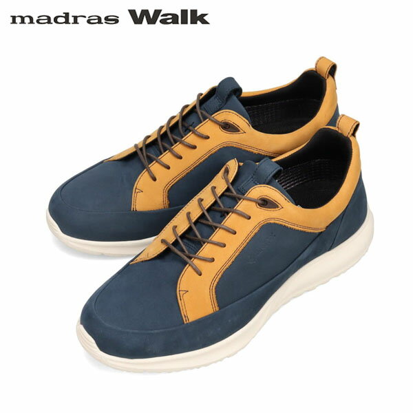 樂天商城 - マドラスウォーク madras Walk メンズ ゴアテックス レザースニーカー カジュアルシューズ MW7600 NAVY/YELLOW 防水透湿 MADMW7600NAVYEL