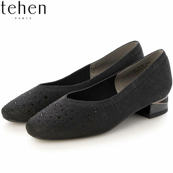 樂天商城 - テーン tehen レディース パンプス Vカット ローヒール BLACK 3cmヒール デザインヒール 抗菌防臭 ニット素材 マドラス madras TEHTN1790BLA