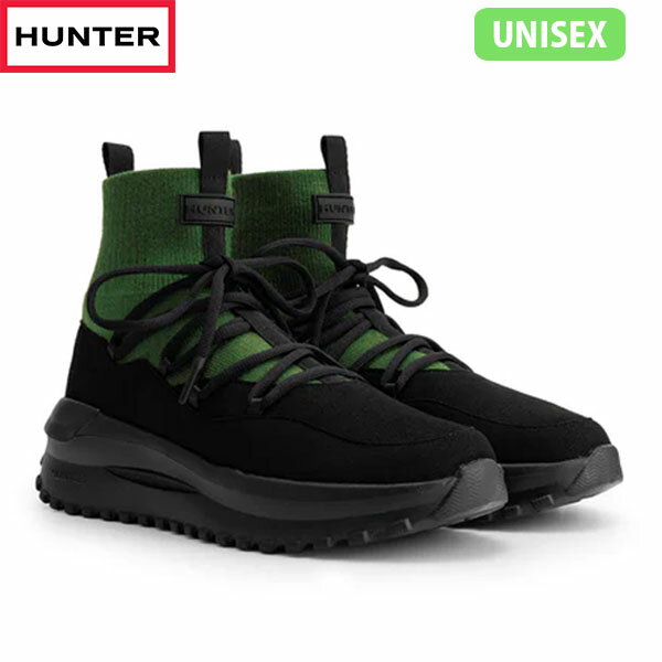 国内正規品 ハンター HUNTER ブーツ ユニセックス メンズ レディース トラベル フロー ビーガン スエード ニット レース ブーツ BLACK/RICH GREEN UFS7117REN-BCG 秋冬 HURUFS7117RENBCG(4.0)