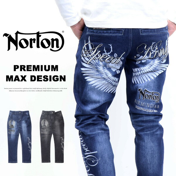 Norton ノートン ウイング ローズ 抜染 刺繍 ストレッチデニム ジーンズメンズ パンツ ボト