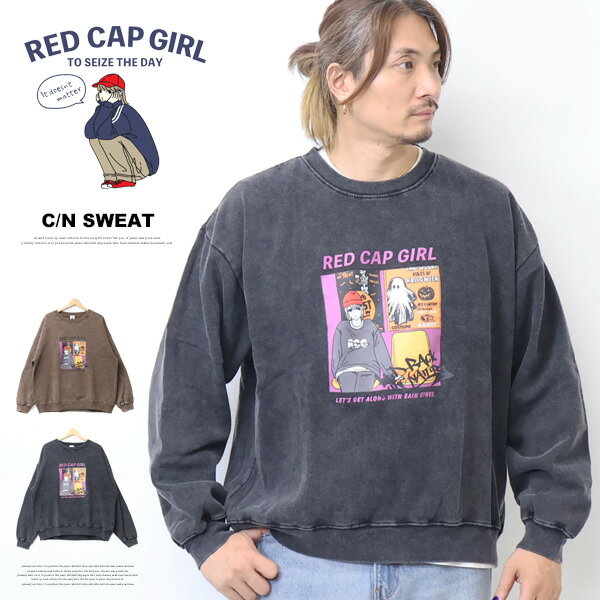 RED CAP GIRL レッドキャップガール スノーウォッシュ ヴィンテージ加工 イラストプリント クルーネッ..