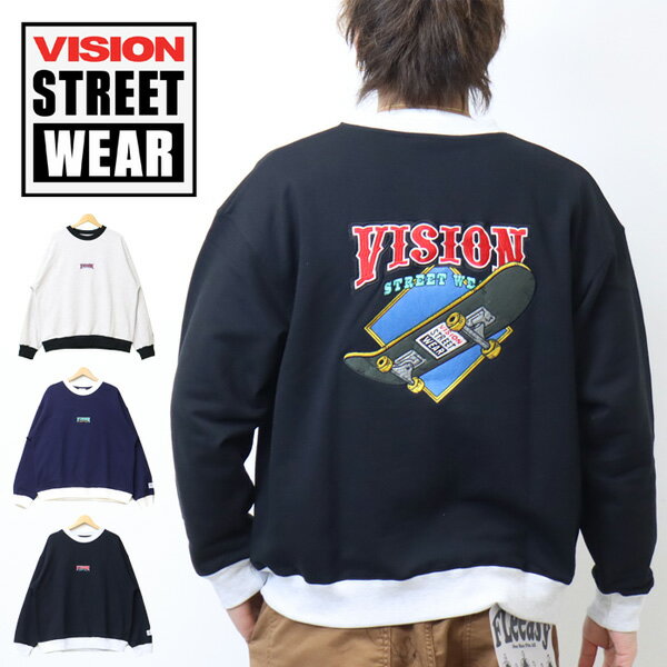 ヴィジョンストリートウェア トレーナー メンズ VISION STREET WEAR ビジョンストリートウェアー 3305010 スケボー刺繍 リンガー スウェットシャツ 裏毛 トレーナー ビッグシルエット メンズ レディース ユニセックス 送料無料