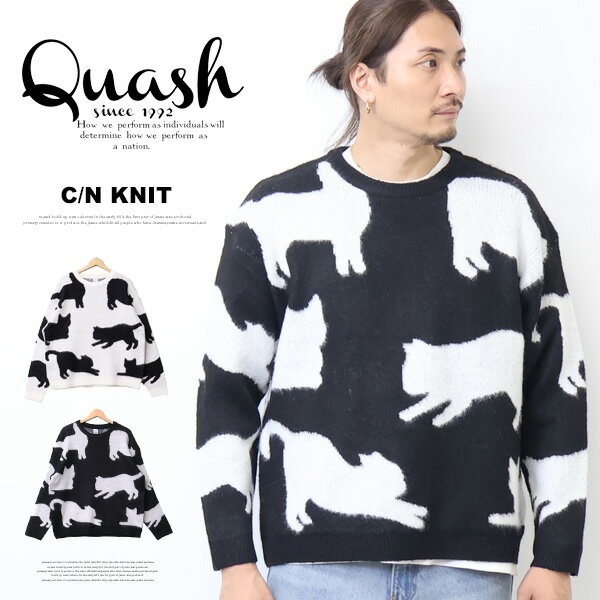乐天商城 - Quash クアッシュ ネコ 総柄ジャガード クルーネックニット ねこ 猫 セーター メンズ 送料無料 Q25-454-41U