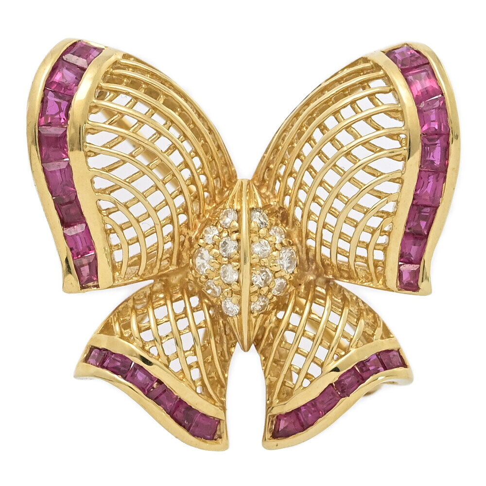 美品 1点モノ RU1.2ct D:0.14ct バタフライモチーフ ルビー ダイヤモンド ブローチ ペンダント K18YG/750-7.8g イエローゴールド 【♀】【S】【レディース】/h260224★■606660【中古】
